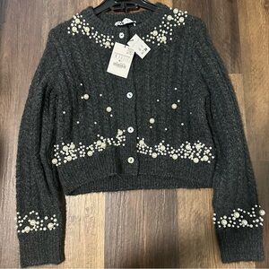 Zara Elegant Black Pearl-Embellished Sweater